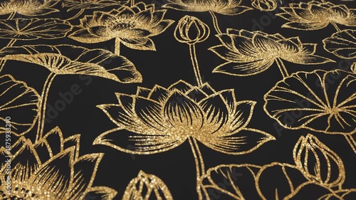 Golden Glitter Lotus Flowers on Black Background