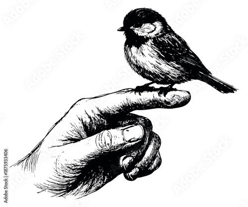 Hand drawn line art illustration of a bird on a hand depicting a delicate connection for nature concepts