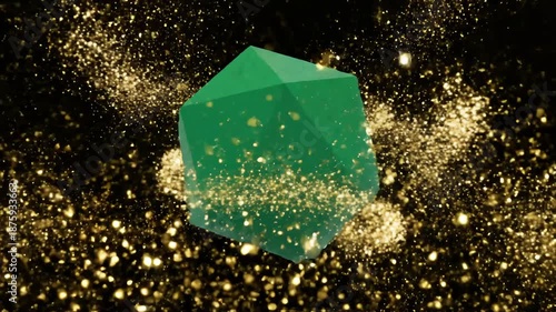 Emerald Cube Floating in Golden Glitter Particles Against Black Background