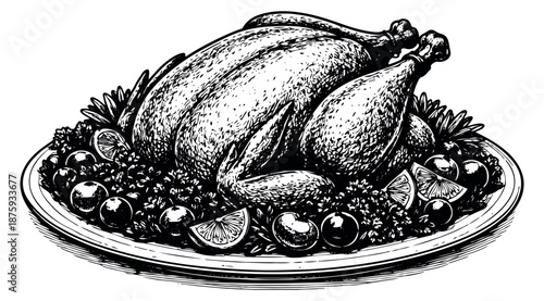 Hand drawn line art illustration of a roasted turkey on a platter depicting a festive holiday meal for celebration