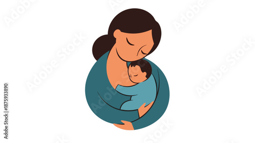 Stylized illustration of a mother tenderly holding her sleeping baby in her arms