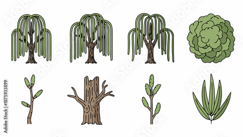 Collection of stylized trees and plant elements in a simple cartoon art style