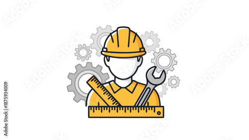 Illustration of a construction worker with tools and gears representing industry and engineering