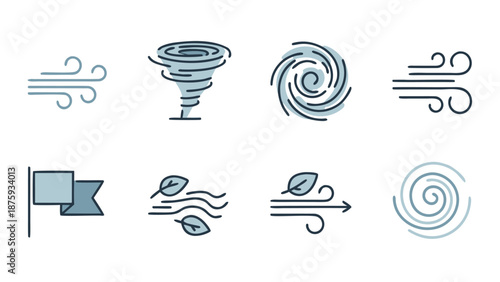 Collection of weather icons representing wind, storms, and natural forces