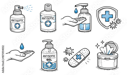 Hand drawn line art hygiene icons set featuring hand sanitizers, antiseptic gel, medical shield, bandage, and disinfectant wipes for personal health and virus prevention