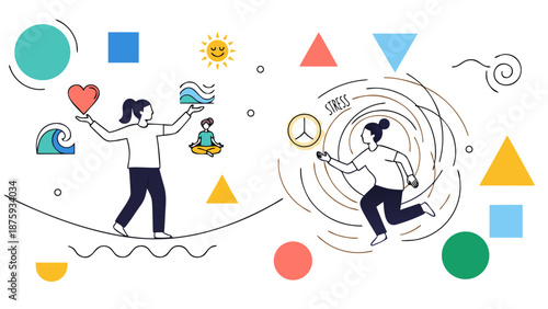 Woman balancing life elements while another woman runs from stress vortex