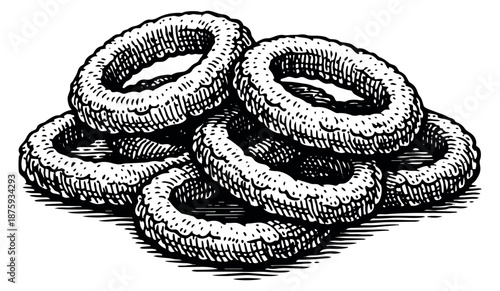 Hand drawn line art onion rings set featuring multiple crispy fried rings for food-related designs or fast food advertisements