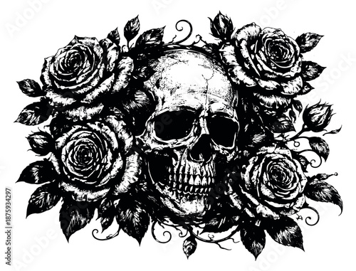 Hand drawn illustration of a skull depicting a gothic and romantic motif for dark aesthetic designs