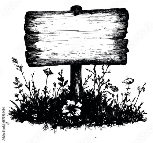 Hand drawn illustration of a rustic wooden signpost depicting wild grass and flowers for natural themes