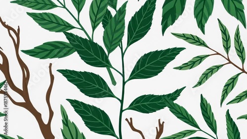 Animated Pattern Featuring Green Leaves and Brown Branches