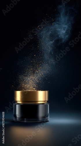 A black and gold cosmetic jar floating above a dark surface, enveloped in soft smoke and particles, a clean, luxurious design