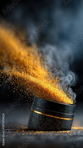 A black and gold cosmetic jar floating above a dark surface, enveloped in soft smoke and particles, a clean, luxurious design