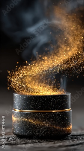 A black and gold cosmetic jar floating above a dark surface, enveloped in soft smoke and particles, a clean, luxurious design