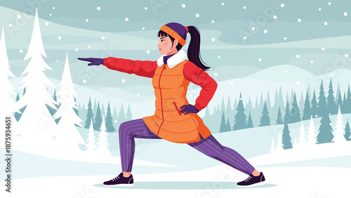 Woman in orange dress exercising in snowy landscape
