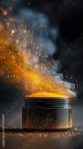 A black and gold cosmetic jar floating above a dark surface, enveloped in soft smoke and particles, a clean, luxurious design