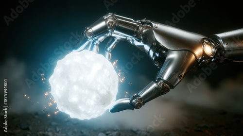 3D rendering of a metallic robotic arm reaching towards a glowing energy sphere.