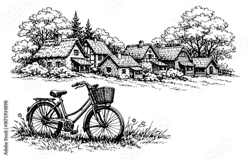 Hand drawn illustration of a bicycle and a quaint village depicting a serene rural setting for travel and nature concepts