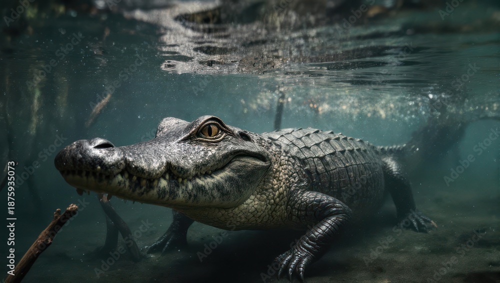 Fototapeta premium Underwater Alligator - A Detailed View of the Reptile in its Habitat.