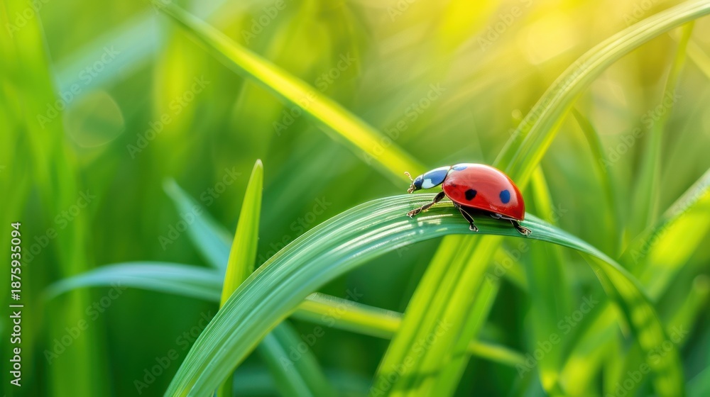 Fototapeta premium Ladybug on Green Grass Blade in Natural Sunlight
