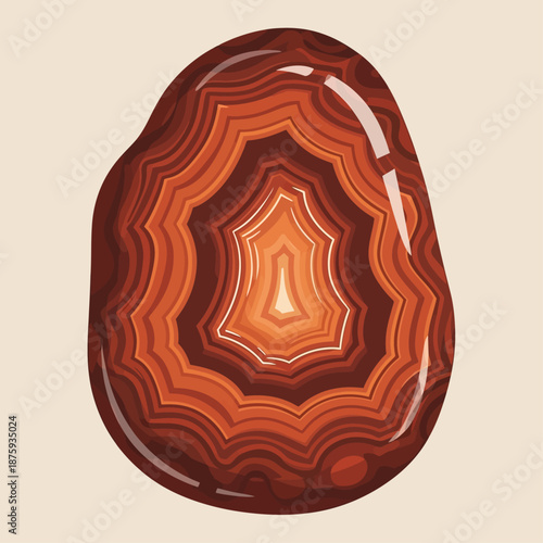 Intricate illustration of a polished agate gemstone, revealing concentric patterns in warm reddish-brown and orange hues, a beautiful display of natural geological artistry