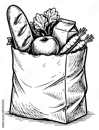 Hand drawn illustration of a grocery bag depicting various fresh groceries for daily shopping
