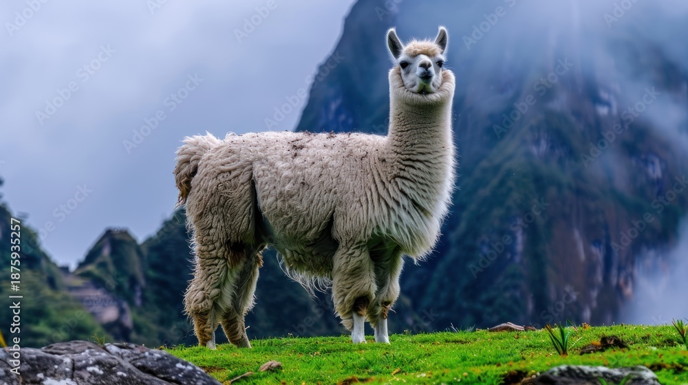 Fototapeta premium Llama Standing on Green Grass in Mountain Landscape with Dramatic Sky