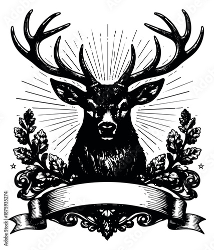 Vintage hand drawn line art illustration of a deer head depicting a stag with antlers, oak leaves and a banner for a rustic emblem design