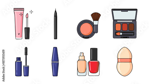 Collection of colorful makeup and beauty products arranged in a grid layout