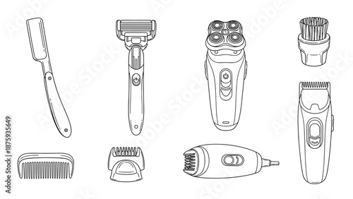 Detailed black and white sketches of male grooming equipment featuring various razors, electric trimmers, a comb, and shaving accessories.