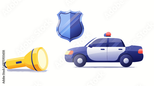 Police car and badge illuminated by a flashlight, symbolizing investigation