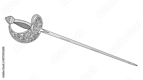 Intricate hand drawn illustration of an ornate historical rapier sword with a decorative hilt and long blade isolated on a white background.