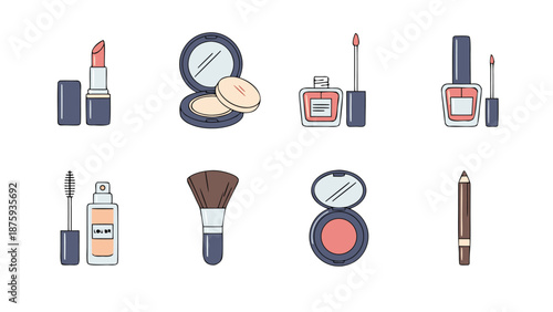 Collection of cosmetic products and makeup tools for beauty and personal care