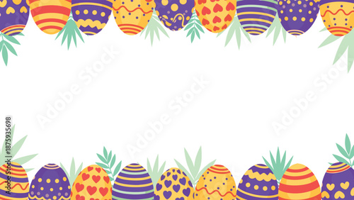 Festive Easter holiday border frame featuring rows of colorful patterned eggs and delicate green leaves on a bright white background.