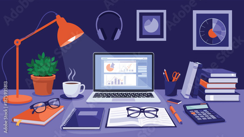 Modern and organized home office workspace illustration with a laptop, lamp, coffee, books, and various stationary items on a dark desk.