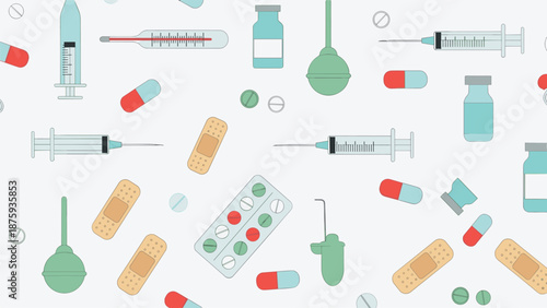 Seamless medicine and healthcare background pattern featuring various pills, syringes, bandages, and medical thermometers in flat style.