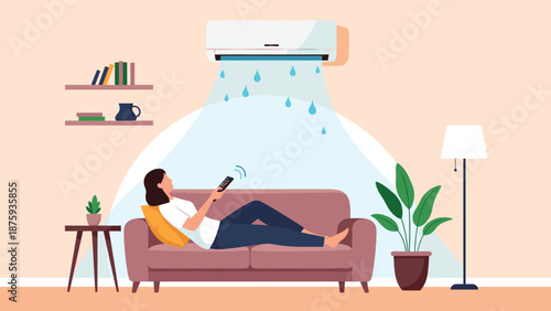 Relaxing illustration of a woman lying on a sofa while enjoying the cool air from an air conditioning unit in a modern living room.