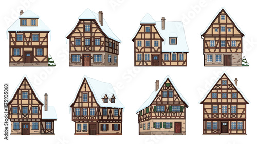Set of traditional European half timbered houses with snow covered roofs and festive decorations in a flat vector illustration style.
