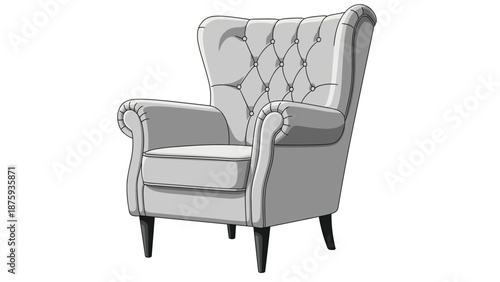 Detailed black and white illustration of a classic tufted wingback armchair with elegant curves and decorative wooden legs.