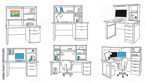 Set of modern office desk and workstation configurations shown in clean black and white line art drawings for office space planning.