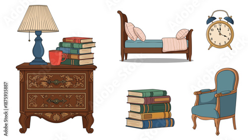 Charming collection of vintage bedroom furniture and accessories including a bed, nightstand, lamp, alarm clock, and comfortable armchair.