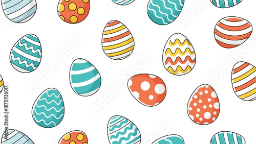 Festive pattern of colorful decorated Easter eggs with various stripes and polka dots displays a cheerful holiday spirit.