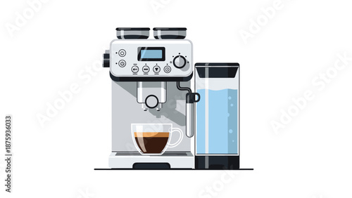 Professional stainless steel espresso machine with a large water tank and a freshly brewed cup of coffee for a cafe or kitchen setup.