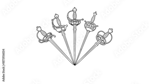 Set of five different ornate historical rapiers and swords arranged in a fan shape, shown in detailed black and white line art sketches.