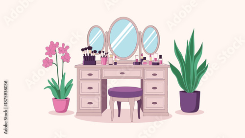 Stylish pink dressing table illustration includes a triple mirror, various makeup brushes, and lush green indoor plants.