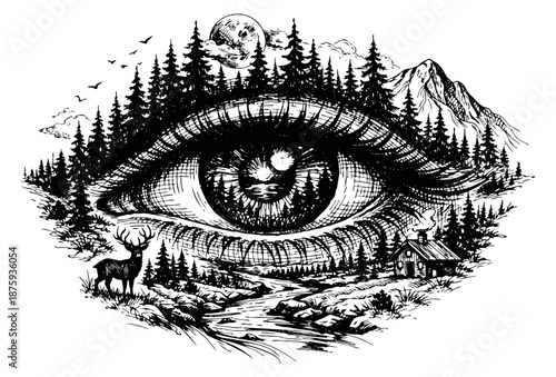 Hand drawn line art illustration of a human eye depicting a forest and mountain landscape for concepts of vision and nature
