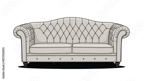 Classic grey tufted Chesterfield sofa with rolled arms and elegant wooden legs offers a sophisticated seating option.