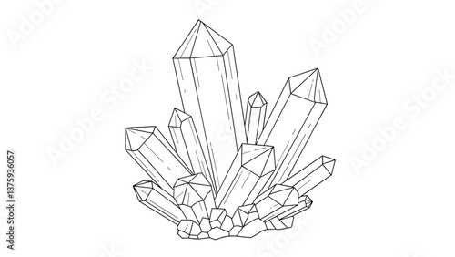 Detailed black and white line art illustration of a cluster of sharp quartz crystals against a plain white background.