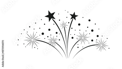 Abstract black silhouette of exploding fireworks with stars and dots creates a festive celebratory visual on white.