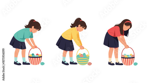 Young girl in three different outfits is shown picking up a basket full of colorful decorated Easter eggs on grass.
