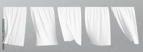 White fluttering curtain set. Vector realistic illustration isolated on grey background.